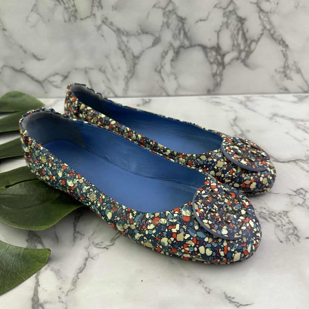 Tory Burch Womens Reva Ballet Flats Size 7 Blue Red Speckle Print Patent Leather - Picture 1 of 8